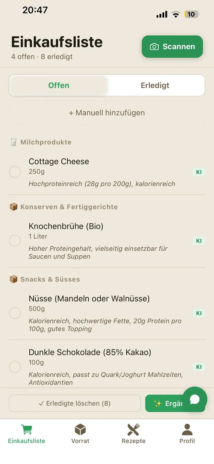 Einkaufsliste in HomeFresh
