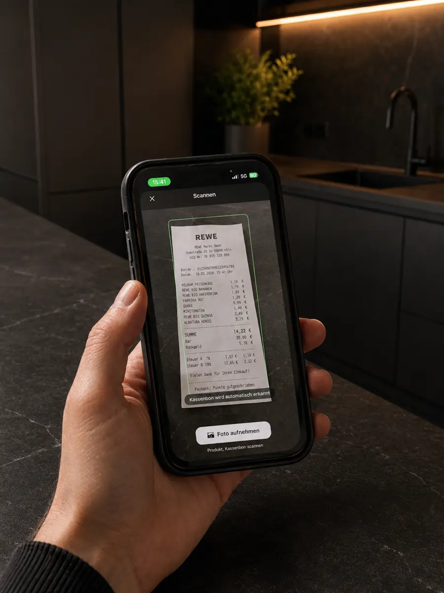 Kassenbon wird mit der HomeFresh App gescannt